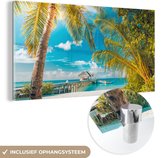 MuchoWow® Glasschilderij 40x20 cm - Schilderij acrylglas - Tropisch - Strand - Palmboom - Foto op glas - Schilderijen