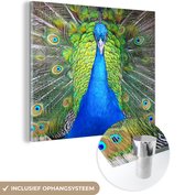 MuchoWow® Glasschilderij 90x90 cm - Schilderij acrylglas - Pauw - Blauw - Groen - Foto op glas - Schilderijen