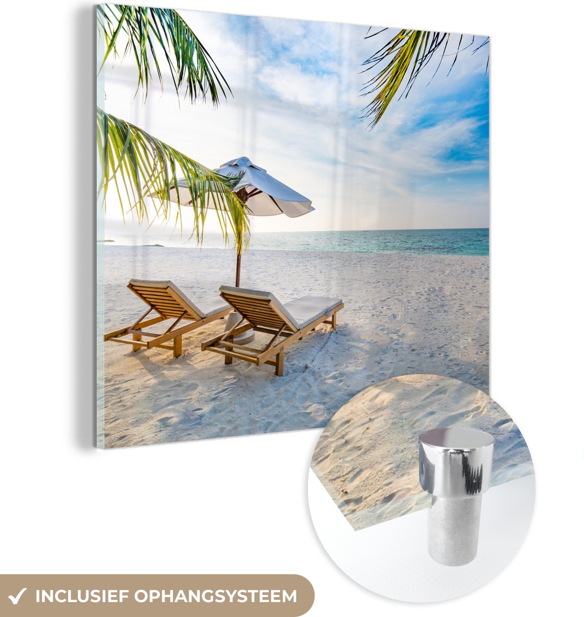 ® Glasschilderij 20x20 cm - Schilderij acrylglas - Strandstoel - Parasol - Zonsondergang - Foto op glas - Muurdecoratie woonkamer - Wanddecoratie slaapkamer - Schilderijen