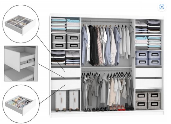 Armoire blanche 235 cm - avec miroir - Portes coulissantes- 4 tiroirs
