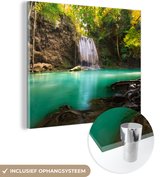 MuchoWow® Glasschilderij 90x90 cm - Schilderij acrylglas - Zonlicht bij een waterval in het Nationaal park Erawan in Thailand - Foto op glas - Schilderijen