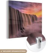 MuchoWow® Glasschilderij 20x20 cm - Schilderij acrylglas - Waterval - Zonsondergang - Natuur - Foto op glas - Schilderijen