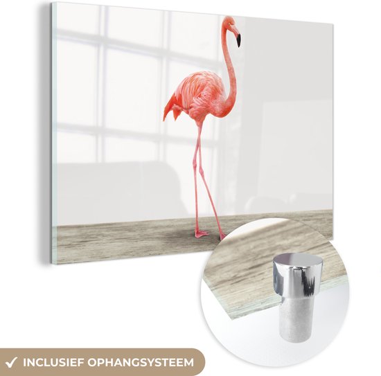 MuchoWow® Glasschilderij 180x120 cm - Schilderij acrylglas - Flamingo - Roze - Vogel - Meisjes - Jongens - Kind - Foto op glas - Schilderijen