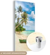 MuchoWow® Glasschilderij 20x40 cm - Schilderij acrylglas - Strand - Kano - Palmboom - Tropical - Foto op glas - Schilderijen