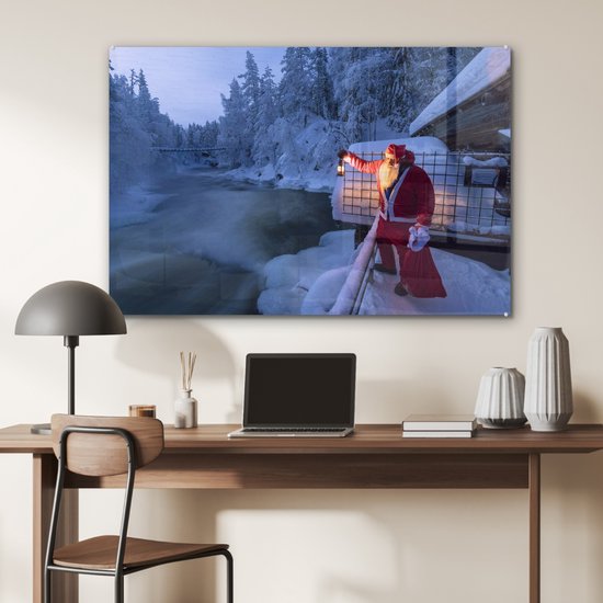 MuchoWow® Peinture sur verre 90x60 cm - Peinture sur verre acrylique - Père Noël avec lanterne dans des rapides froids dans le parc national finlandais d'Oulanka - Photo sur verre - Peintures