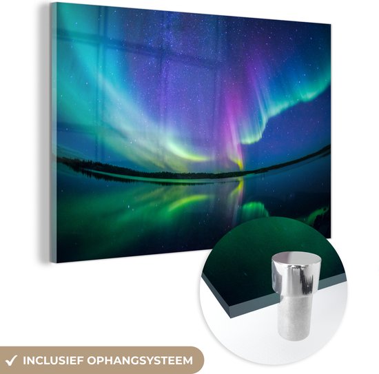 MuchoWow® Glasschilderij 30x20 cm - Schilderij acrylglas - Noorderlicht - Sterrenhemel - Reflectie - Foto op glas - Schilderijen