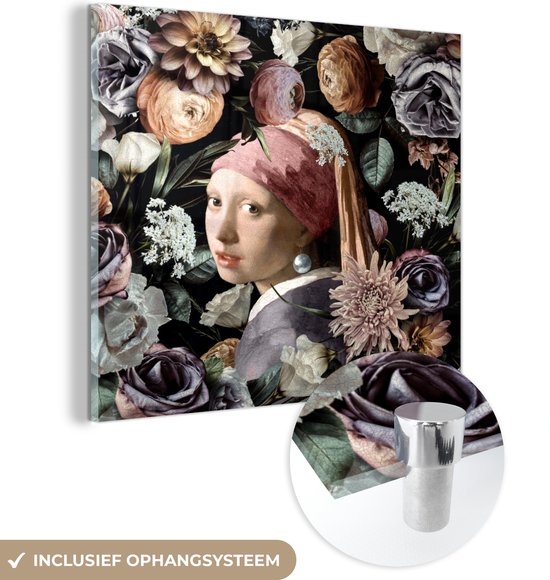 MuchoWow® Glasschilderij 50x50 cm - Schilderij acrylglas - Meisje met de parel - Bloemen - Vermeer - Pastel - Kunstwerk - Schilderij - Oude meesters - Foto op glas - Schilderijen