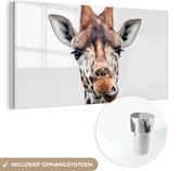 MuchoWow® Glasschilderij 40x20 cm - Schilderij acrylglas - Jongens - Giraffe - Dieren - Kop - Portret - Kind - Meisjes - Foto op glas - Schilderijen