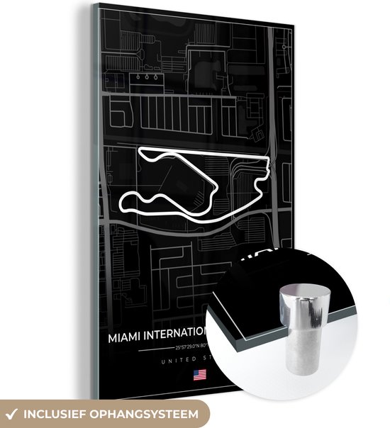 MuchoWow® Glasschilderij 60x90 cm - Schilderij acrylglas - Racebaan - Verenigde Staten - Formule 1 - Miami International Autodrome - Circuit - Zwart - Foto op glas - Schilderijen