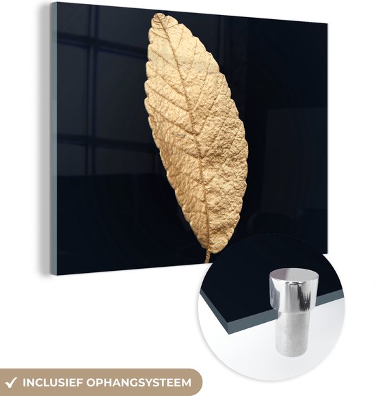 MuchoWow® Glasschilderij 120x90 cm - Schilderij acrylglas - Black en gold - Bladeren - Zwart - Planten - Luxe - Foto op glas - Schilderijen