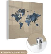 MuchoWow® Glasschilderij 90x90 cm - Schilderij acrylglas - Wereldkaart - Blauw - Glitter - Foto op glas - Schilderijen