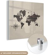 MuchoWow® Glasschilderij 20x20 cm - Schilderij acrylglas - Wereldkaart - Hout - Kompas - Foto op glas - Schilderijen