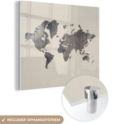 MuchoWow® Glasschilderij 90x90 cm - Schilderij acrylglas - Wereldkaart - Houten - Grijs - Foto op glas - Schilderijen
