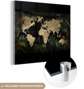 MuchoWow® Glasschilderij 90x90 cm - Schilderij acrylglas - Wereldkaart - Goud - Bladeren - Foto op glas - Schilderijen