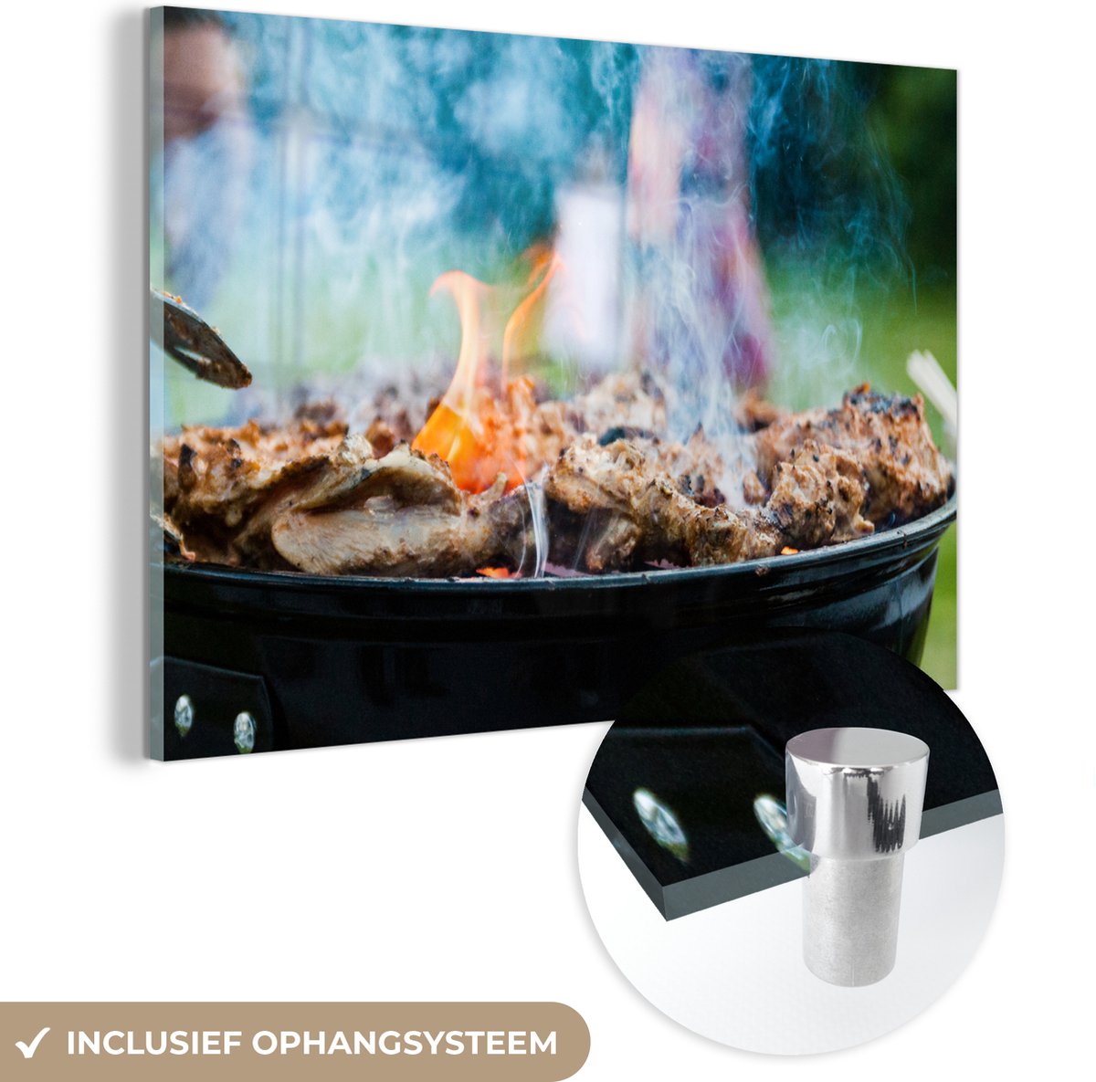 MuchoWow® Glasschilderij 150x100 cm - Schilderij acrylglas - BBQ - Vlees - Rook - Foto op 