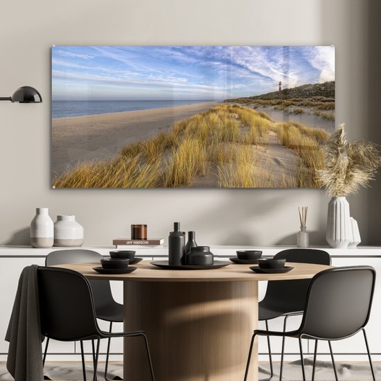 MuchoWow® Peinture sur verre 120x60 cm - Peinture sur verre acrylique - Plage - Ciel - Phare - Photo sur verre - Décoration murale salon - Décoration murale chambre - Peintures
