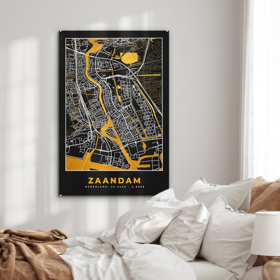 MuchoWow® Peinture sur verre 60x90 cm - Peinture acrylique sur verre - Plan - Zaandam - Or - Zwart - Photo sur verre - Peintures - Plan de ville