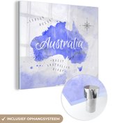 MuchoWow® Glasschilderij 20x20 cm - Schilderij acrylglas - Wereldkaart - Australië - Blauw - Foto op glas - Schilderijen