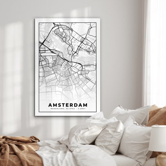 MuchoWow® Peinture sur Verre - Carte - Amsterdam - Zwart - Wit - 80x120 cm - Peintures sur Verre Peintures - Photo sur Glas