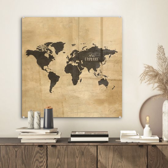 Peinture sur Verre - Carte du Wereldkaart - Vintage - Voyages - 50x50 cm - Peintures sur Verre Peintures - Photo sur Glas
