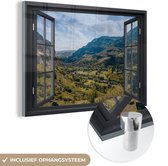 MuchoWow® Glasschilderij 30x20 cm - Schilderij acrylglas - Doorkijk - Berg - Natuur - Foto op glas - Schilderijen