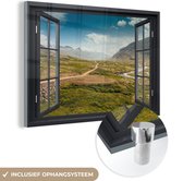 MuchoWow® Glasschilderij 90x60 cm - Schilderij acrylglas - Doorkijk - Berg - Pad - Foto op glas - Schilderijen