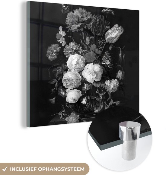 MuchoWow® Glasschilderij 20x20 cm - Schilderij acrylglas - Stilleven met bloemen in een glazen vaas - Schilderij van Jan Davidsz. de Heem - zwart wit - Foto op glas - Schilderijen