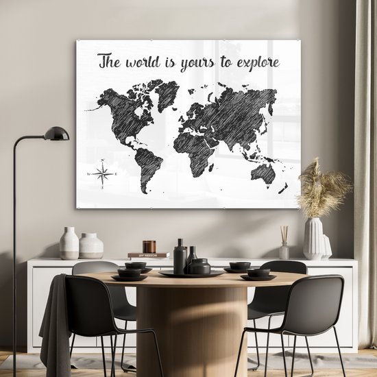 Peinture sur Verre - Carte du Wereldkaart - Voyages - Croquis - 120x90 cm - Peintures sur Verre Peintures - Photo sur Glas