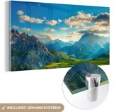 MuchoWow® Glasschilderij 160x80 cm - Schilderij acrylglas - Alpen - Zon - Natuur - Foto op glas - Schilderijen