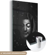 MuchoWow® Glasschilderij 120x180 cm - Schilderij acrylglas - Half verlichte Boeddha met hoofddoek - zwart wit - Foto op glas - Schilderijen