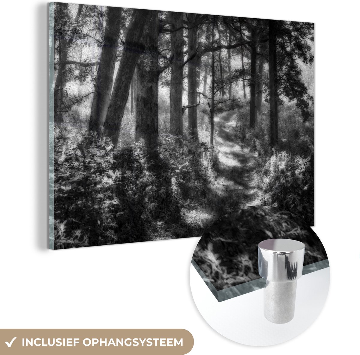 ® Glasschilderij 150x100 cm - Schilderij acrylglas - Een olieverf schilderij van een wandelpad in een bos - Foto op glas - Muurdecoratie woonkamer - Wanddecoratie slaapkamer - Schilderijen