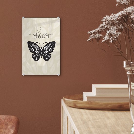 Peinture sur verre - Bienvenue à la maison - Papillon - Zwart - 20x30 cm - Peintures Plexiglas