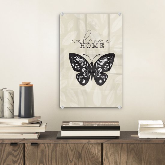 Peinture sur verre - Bienvenue à la maison - Papillon - Zwart - 20x30 cm - Peintures Plexiglas