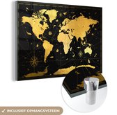 MuchoWow® Glasschilderij 30x20 cm - Schilderij acrylglas - Wereldkaart - Goud - Zwart - Luxe - Foto op glas - Schilderijen