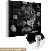 MuchoWow® Peinture sur verre 90x90 cm - Peinture sur verre acrylique - Fleurs - Jungle - Lion - Zwart - Wit - Photo sur verre - Peintures