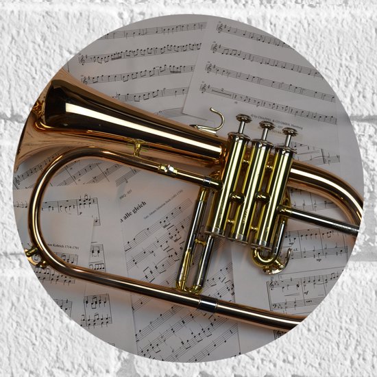 Muursticker Cirkel - Gouden Trompet op Muzieknoten Bladeren - 20x20 cm Foto op Muursticker