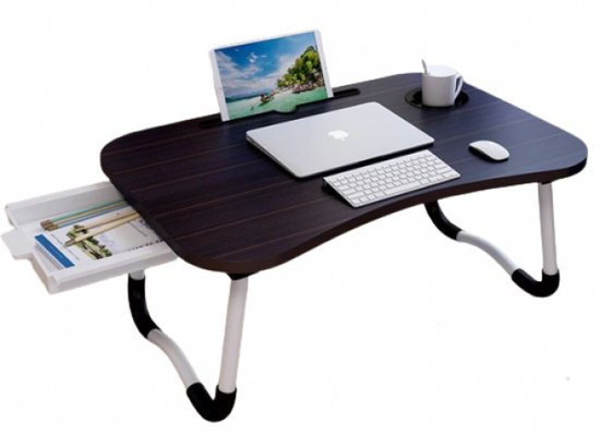 HAUT / Table de lit pour ordinateur portable, iPad, tablette, livre, devoirs ou petit-déjeuner au lit / Table d'ordinateur portable pliable avec porte-gobelet / 60x40x28 / bois / Zwart
