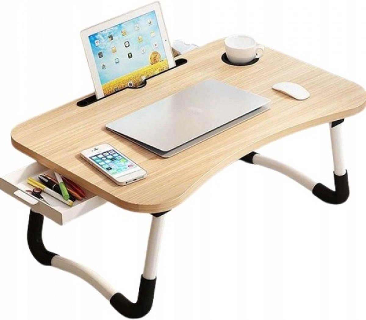 UP / Bedtafel voor laptop, iPad, tablet, boek, huiswerk of ontbijt op bed / Opvouwbare laptop tafel met bekerhouder / 60x40x28 / hout