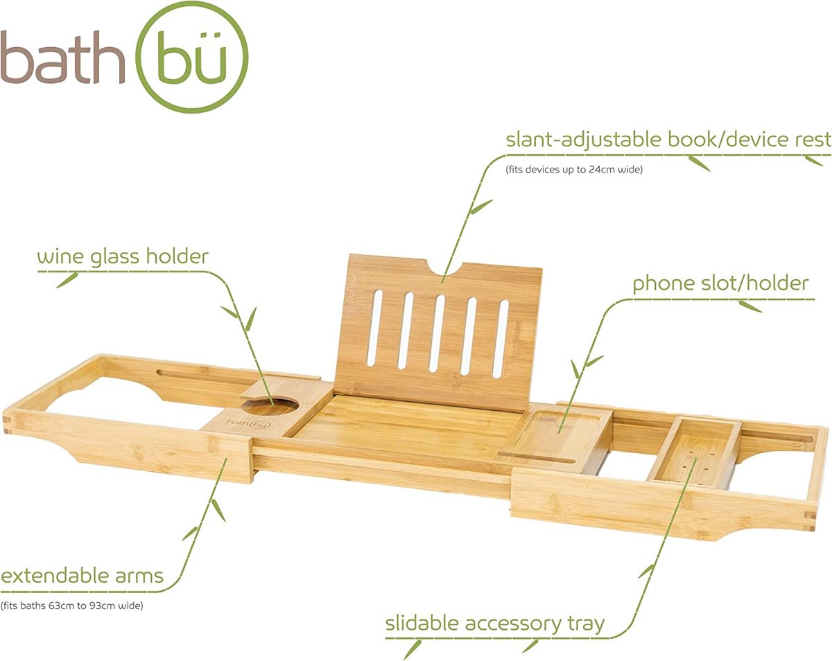 bathbü luxe 100% bamboe badblad | Uitschuifbare armen, boek