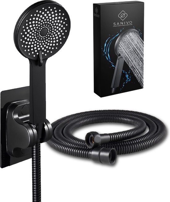 Douchekop Zwart incl. Douchekophouder en Slang Handdouche Hogedruk