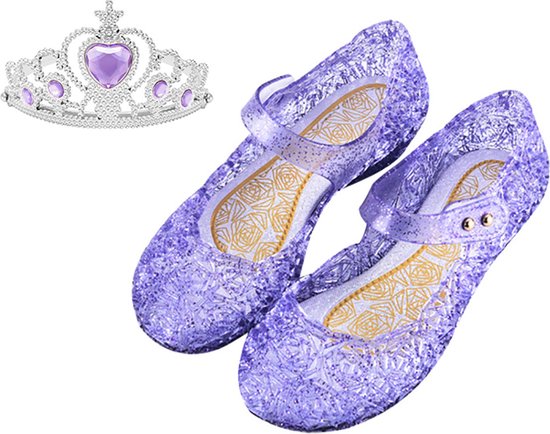 Prinsessenschoenen klittenband + kroon (tiara) - paars - maat 31/32 - vallen 1-2 maten kleiner - Het Betere Merk - verkleedschoenen prinses - prinsessen schoenen plastic - Giftset voor bij je Prinsessenjurk - binnenzool 19 cm