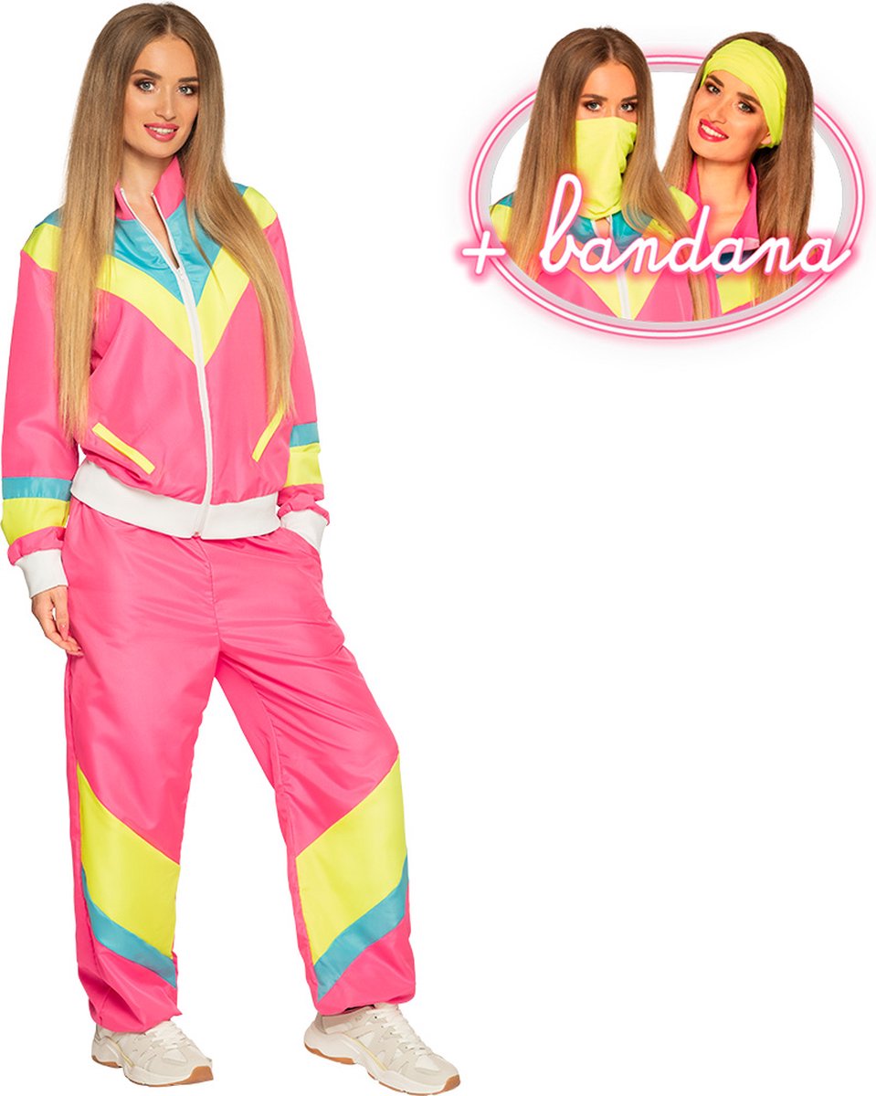 Boland - Trainingspak Retro babe neonroze (M) - Volwassenen - - 80's & 90's - Disco