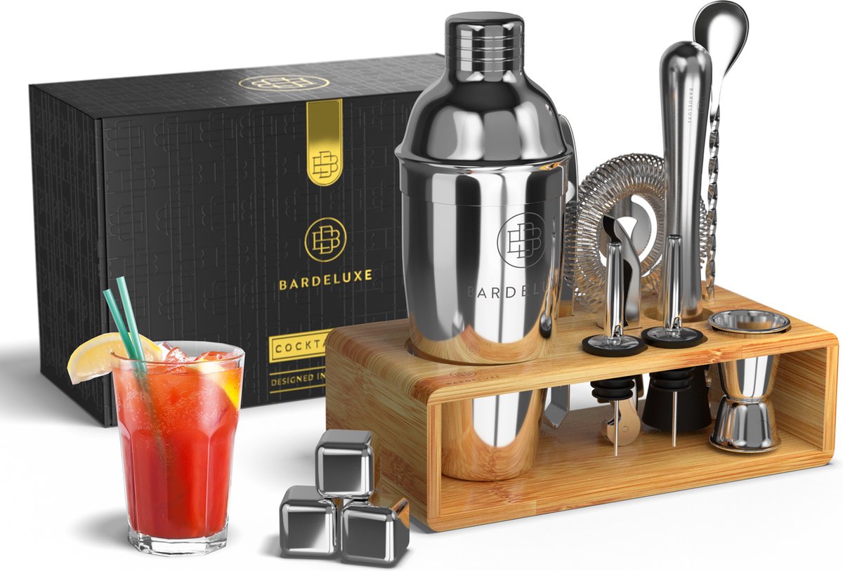 BarDeluxe® Cocktail Set - 13-Delig - Cocktailshaker 750 ml met Bamboe Standaard, Receptenboek & Whiskey Stones - Luxe Cadeauverpakking — cadeau in Kookcadeaus - foto 7