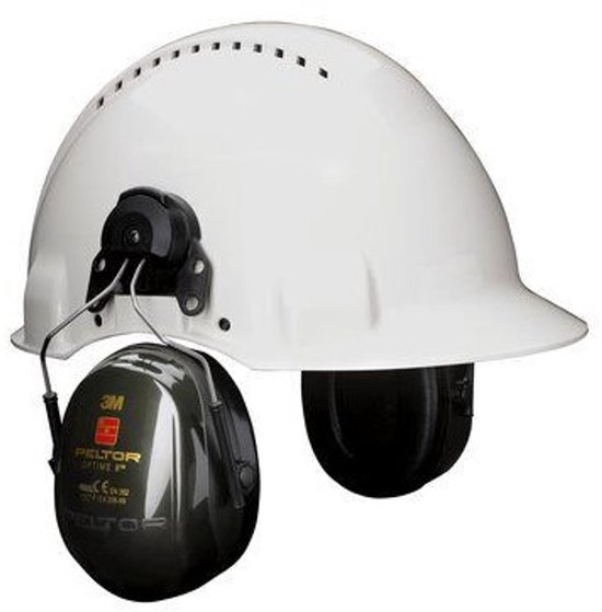 Donkergroene Peltor gehoorkappen H5202 gemonteerd op een witte veiligheidshelm.