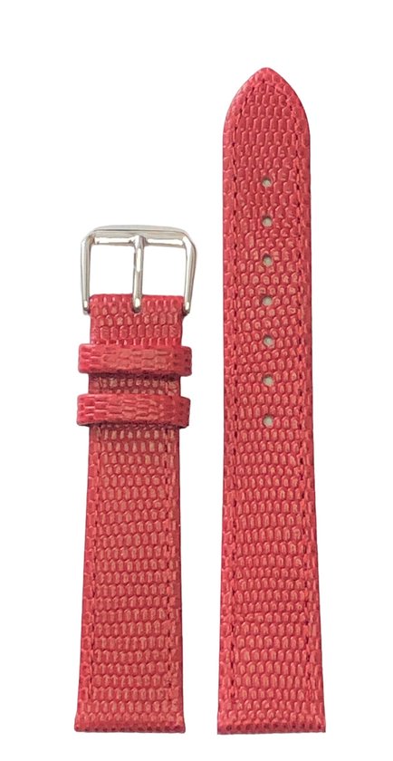 Horlogeband-horlogebandje-18mm-rood -croco-lizard print-echt leer-plat-zilverkleurige gesp-leer-18 mm