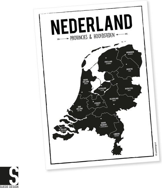 Schoolposter | Nederland Provincies & hoofdsteden | Kinderkamer | Suede design zwart wit poster A4