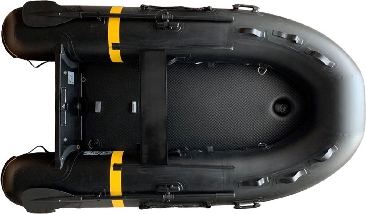 Yellow V opblaasbare boot met air deck 3.3m + poncho + 1 jaar navigatie Savvy Navy App, black and yellow
