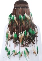 Bandeau plumes vert marron - bandeau indien hippie Ibiza - plumes perles tresse cuir cheveux