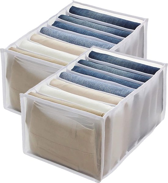 2 x jeansvak opbergdoos kast, kledinglade net verdeeldoos kledingkast kledingorganizer, 7 vakken, opvouwbare lade wasbaar huishouden (wit, L (36 * 25 * 20 cm)