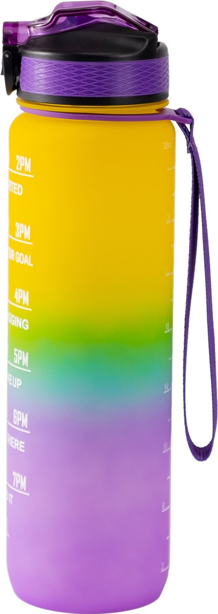 Motivatie Waterfles - Geel/Groen/Paars - 1 Liter Drinkfles - Waterfles met Rietje - Waterfles met tijdmarkering - BPA Vrij - Volwassenen - Kinderen - Met Box-On Hydration Challenge
